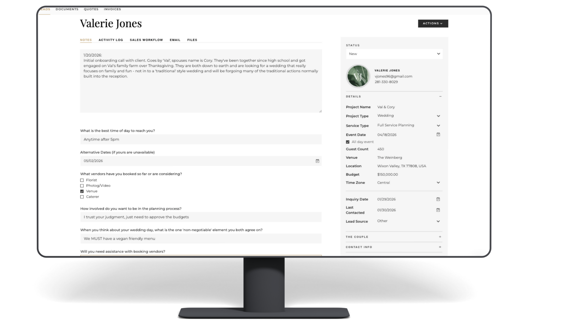Lead Management Dashboard A desktop monitor displays the Aisle Planner Pro CRM and lead management dashboard, featuring a detailed client inquiry profile with wedding budget, guest count, and planning notes to streamline the sales workflow for event professionals.