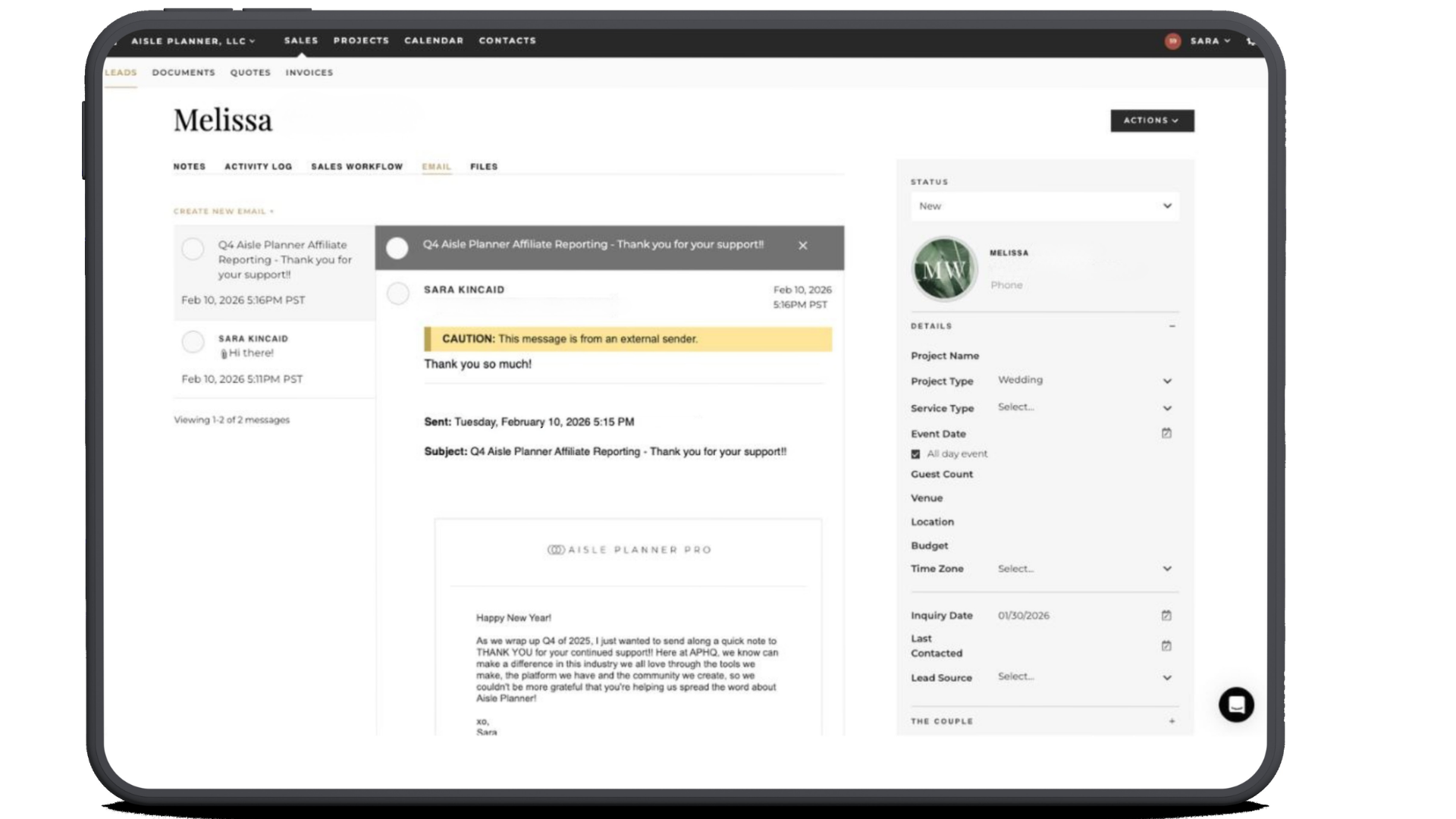 Communication platform A tablet displays the Aisle Planner Pro lead management and email integration tools, showing a professional event planning dashboard with organized client communication and affiliate reporting features for event businesses.