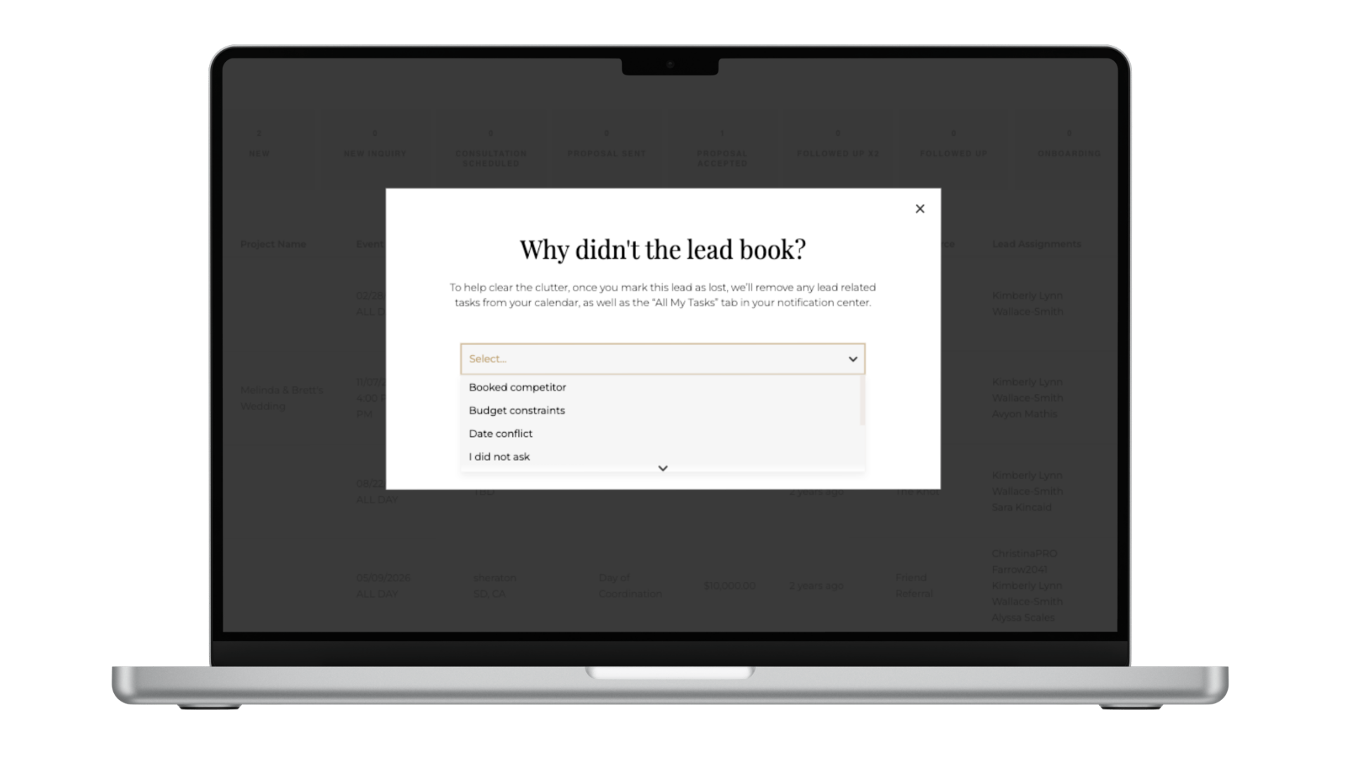 Lead Contact Form A laptop displays an Aisle Planner Pro sales analytics window featuring a "Why didn't the lead book?" prompt to help event professionals track lost business and optimize their lead conversion strategies.