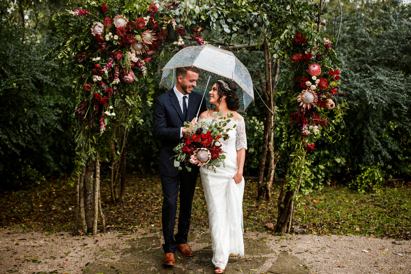 Couple under umbrella on wedding day