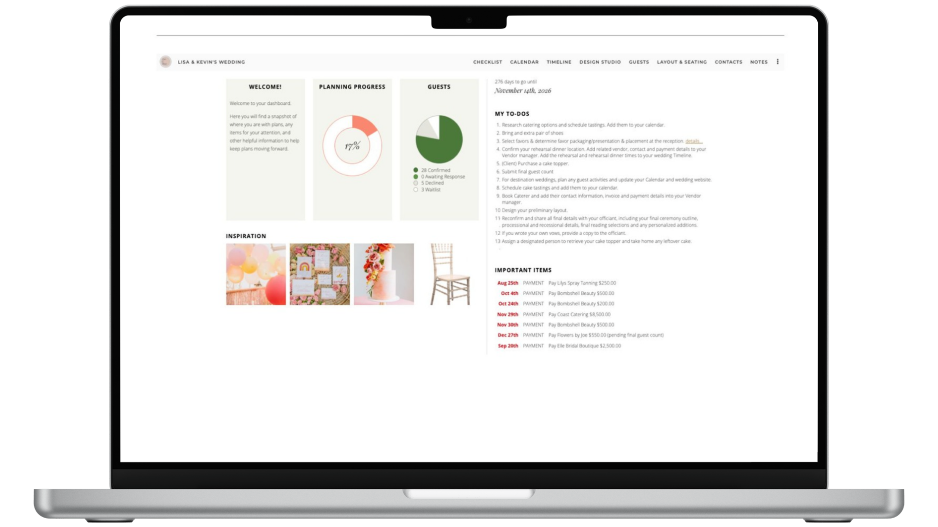 32 Laptop screen of the Aisle Planner Client Portal overview screen.