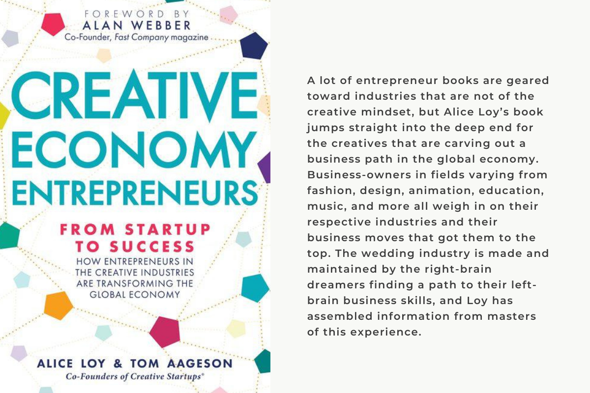 A lot of entrepreneur books are geared toward industries that are not of the creative mindset, but Alice Loy’s book jumps straight into the deep end for the creatives that are carving out a business path in the global economy. Business-owners in fields varying from fashion, design, animation, education, music, and more all weigh in on their respective industries and their business moves that got them to the top. The wedding industry is made and maintained by the right-brain dreamers finding a path to their 