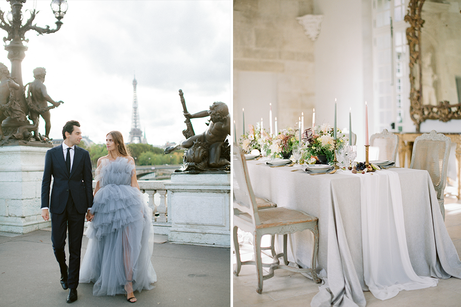 chic engagement styled shoot couple strolling through the city (left), French chateau table setting (right))