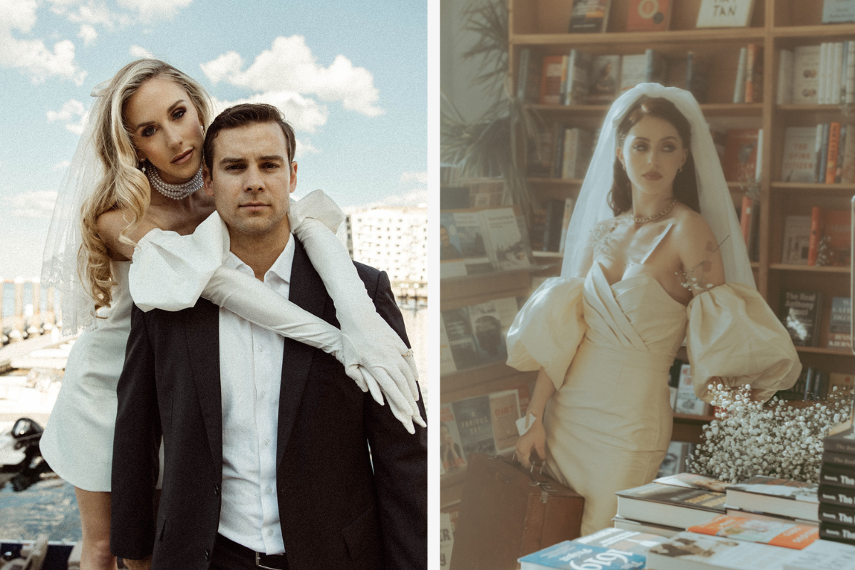 Left bride and groom in the city, right a bride in a book store
