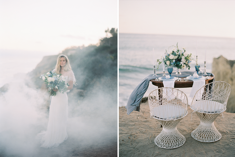 beachside bride surrounded by smoke holding bouquet (left), beachfront sweetheart table (right)