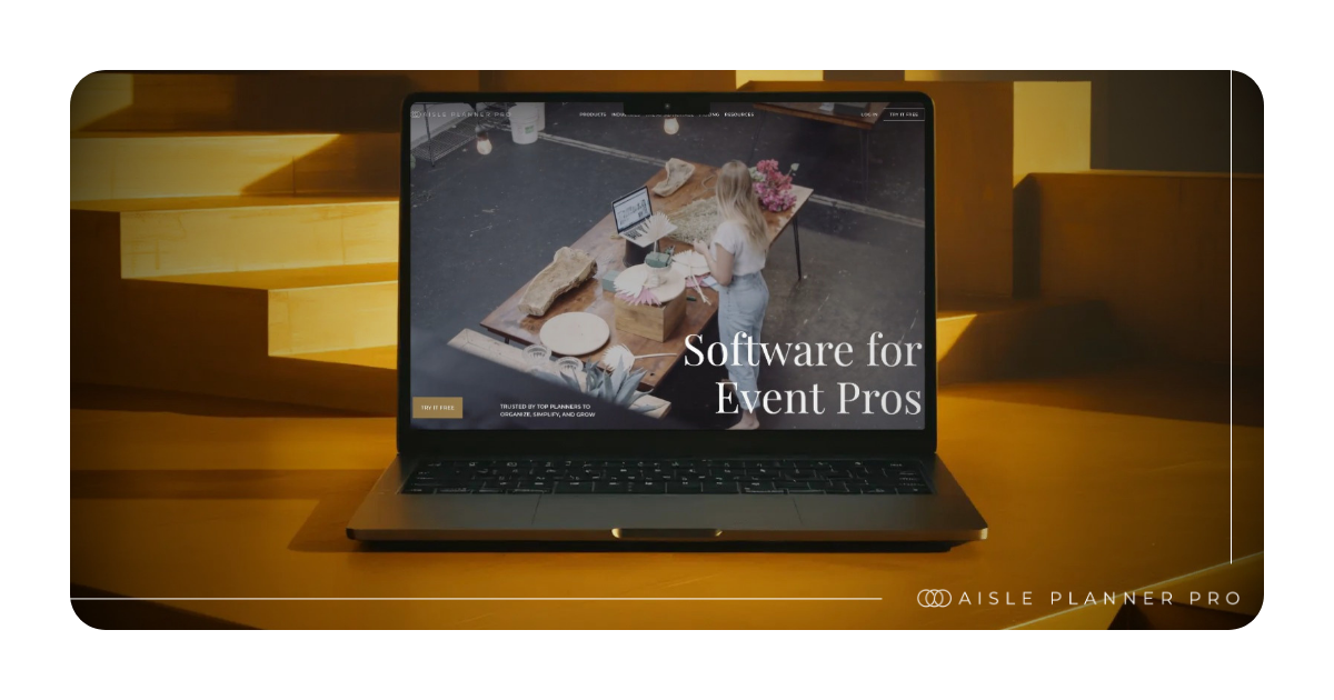 Laptop displaying the Aisle Planner Pro website with the headline "Software for Event Pros." Aisle Planner Pro is an all-in-one event management software platform for wedding planners, event planners, venues, caterers, florists, and creative professionals to manage leads, clients, timelines, proposals, contracts, invoices, design boards, and event workflows.