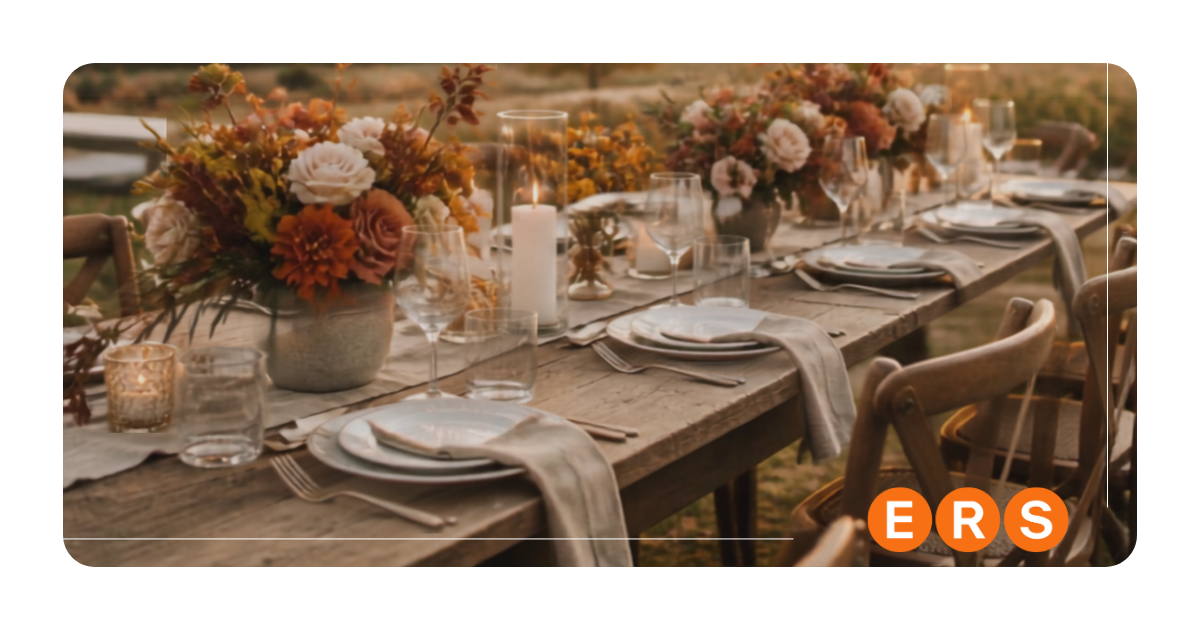 Outdoor fall wedding reception table with seasonal floral centerpieces, place settings and event rentals from Event Rental Systems.
