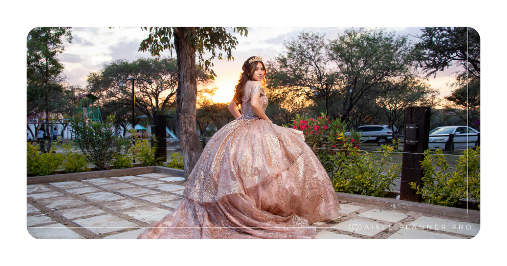 An elegant quinceañera celebration featuring a young woman in a sparkling blush pink ball gown and tiara at an outdoor event venue during sunset, highlighting the creativity and versatility of professional event planning.